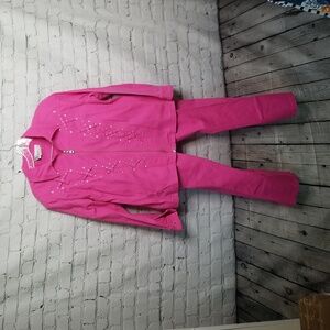 Milli Designs Two piece Hot pink rhinestone jacket+pants Size LARGE EUC Vintage